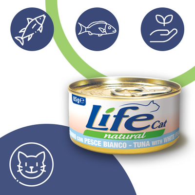 Тунець з білою рибою ЛайфКет 85 г - Додатковий вологий корм для котів - LifeCat 85 gr Tuna with white fish 110119 фото