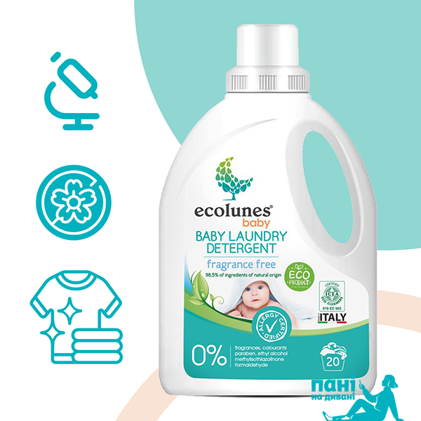 Гіпоалергенний рідкий органічний гель для прання дитячого одягу без запаху,Ecolunes, 1000 мл E0223 фото
