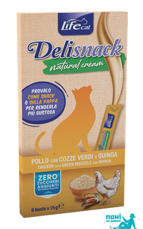 Курка з мідіями та кіноа ЛайфКет ДеліСнек 90 г (6 x 15гр) - Додатковий корм/Ласощі для котів - LifeCat DeliSnack Natural Cream Chicken green mussels and quinoa (6 x 15g) 50047 фото